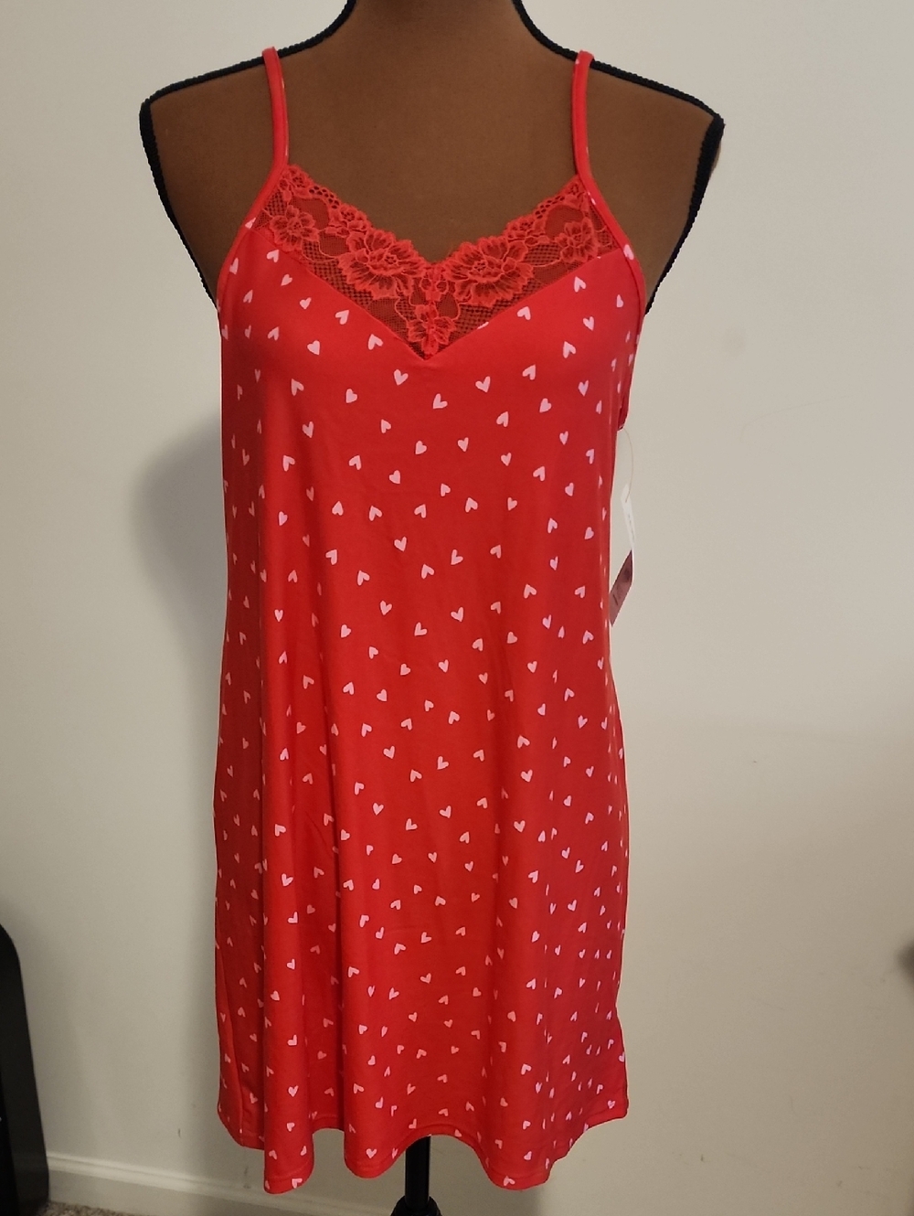 Red Heart-Print Lace-Trim Sleep Chemise